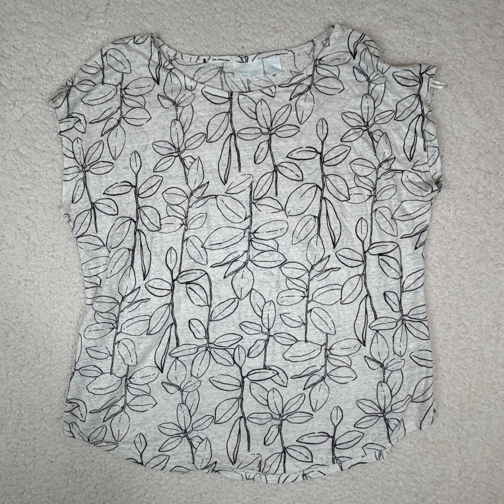 Cynthia Rowley Womens XL Linen White Black Botanical Leaf Print Cap Sleeve Top - Picture 2 of 7